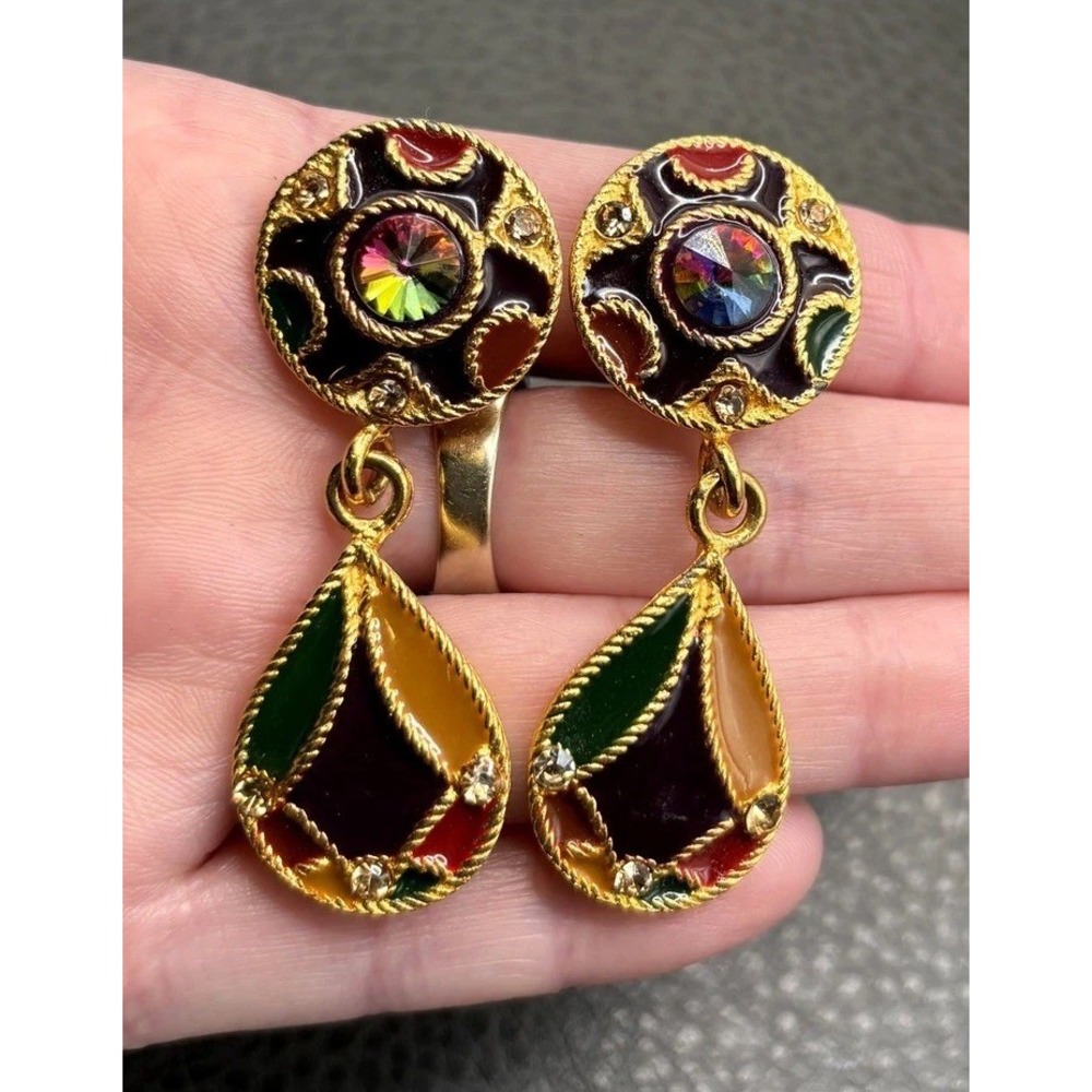 VTG 80s 90s Byzantine Style Watermelon Rivoli Enamel Rhinestone Dangle Earrings